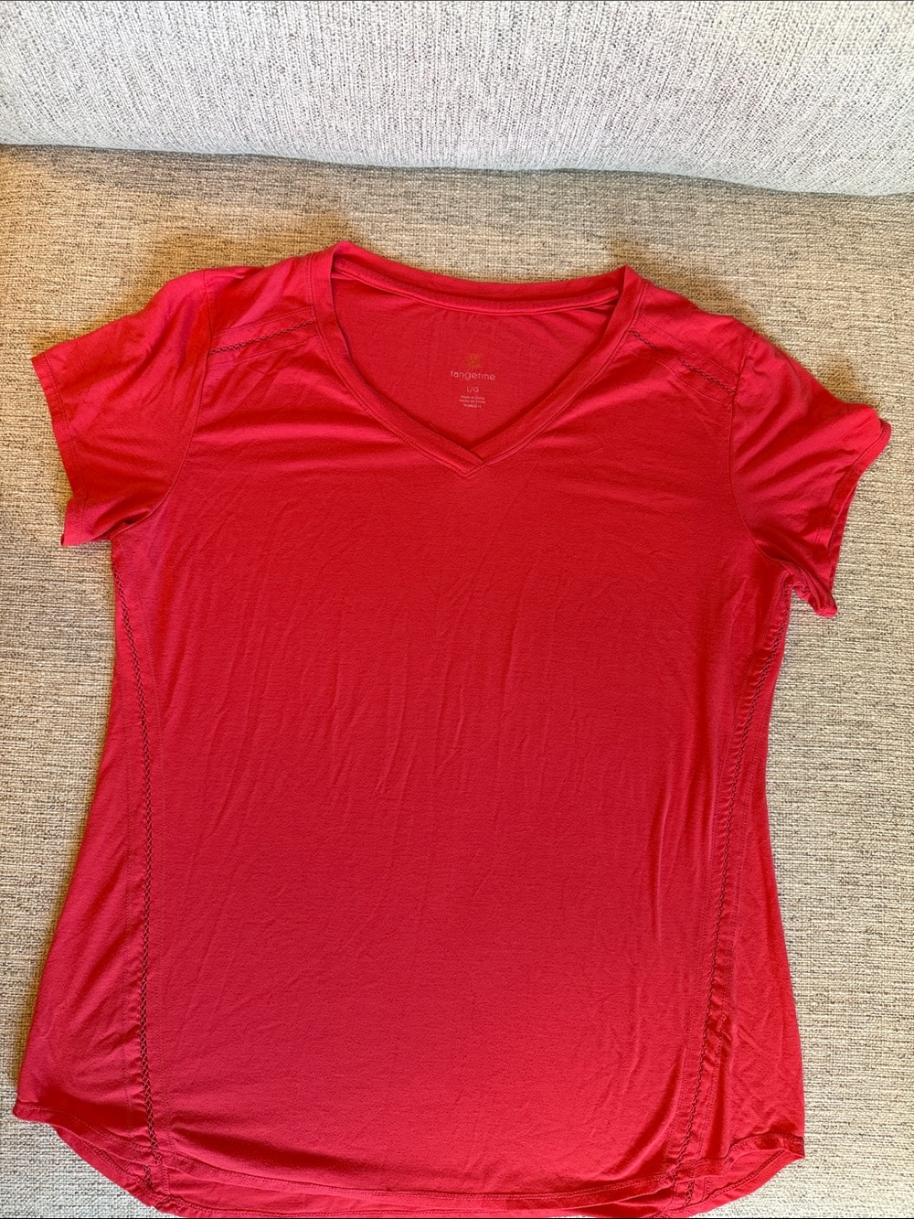 Tangerine Coral V Neck Active Tee Womenās L Openwork Detail Athletic Top